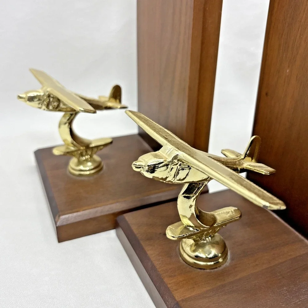 Vintage Art Deco Style Brass Airplane Wooden Bookends Book Ends Wood Plane